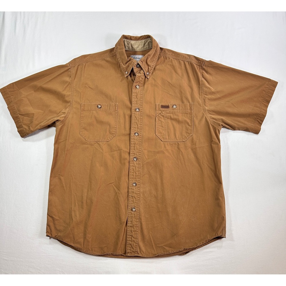 Carhartt Mens Large Brown Cotton Canvas Short Sleeve Button Down Work Shirt